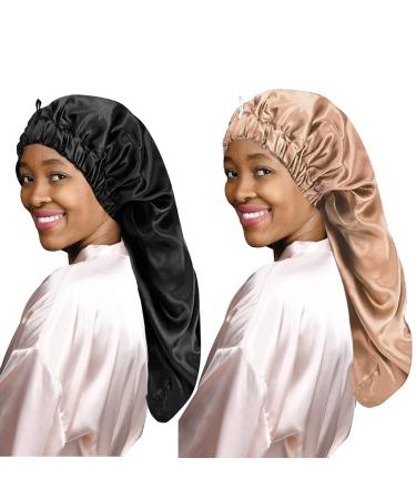 Ladaypoa long satin hair hood girls silky hat 2 pieces women long satin hood sleeping hat to sleep extra large satin sleeping cap unit size black + khaki