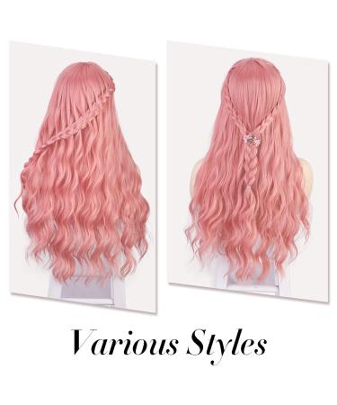 AISI BEAUTY Pink Wig with Bangs - 24 Inch Synthetic Long Wavy Pink Wig for Women - Halloween Cosplay Party Hairpiece - Buy Online on SooperMarket.com