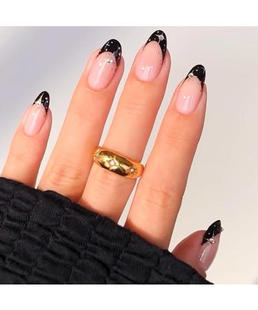 Black French Tip Press on Nails Short - Star Silver Diamond Designs Press On Nails Fake Nails Solid Color Glossy Reusable Artificial False Nails Natural Fit Stick on Nails for Women DIY Manicure 24pcs