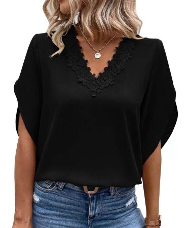Socobeta Short Sleeve T Shirt Polyester Stylish Skin Friendly Lace Women V Neck Blouse for Office Work Black L - Buy Online on SooperMarket.com