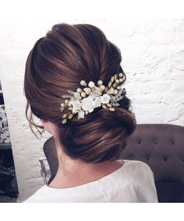 IYOU Flower Bridal Hair Comb Gold Crystal Bride Hair Accessories Leaf Pearl Wedding Side Combs Headpiece for Women - Buy Online on SooperMarket.com