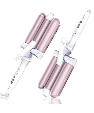 3 Jumbo Barrel Curling Iron Waver Curling Wand-1.25 Inch Ceramic Tourmaline Triple Barrels Dual Voltage Temperature Adjustable Big Waves Hair Crimper Champagne Gold