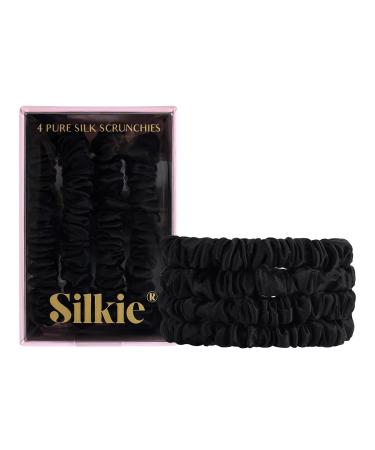 Silkie 4-Set 100% pure mulberry lide black thin hair tie with travel bags hair tie for every day hair care ponytail holder without hair damage (noir)