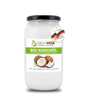 GreatVita Organic Coconut Oil virgin 1000 ml in a glass jar for cooking frying baking 1 l (1 pack)