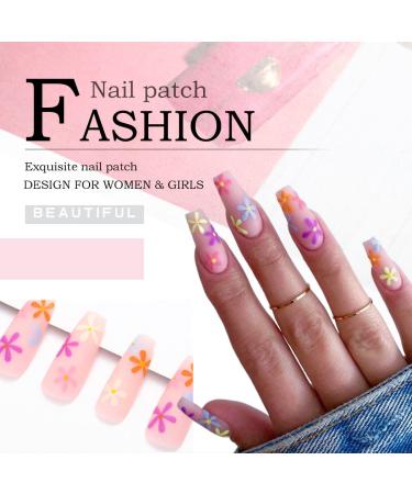 Colorful Matte Long Coffin Press on Nails - Pink Flower Design 24Pcs for Women and Girls - Buy Online on SooperMarket.com