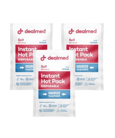 Dealmed Instant Hot Pack  Pack of 3, 5" x 9" Disposable Hot Packs for Injuries, Swelling, Sprains, Muscle Soreness and More, Single Squeeze Activation 3 Pack