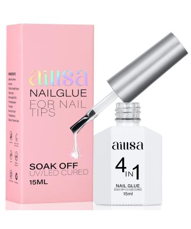 AILLSA Gel Nail Glue for Acrylic Nails 4 in 1 Super Strong Nail Gel Glue for Fake Nail Tips Curing Needed 15ml High Capacity Long Lasting Brush On Nail Glue for Rhinestone Pearl Foil
