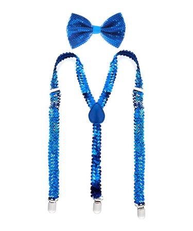 YUANZ Sequin Bow Tie and Suspenders Set Y-Back Style Comfortable Adjustable Elastic with Clips Unisex for Cosplay Party (Blue)