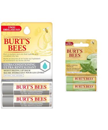 Burt's Bees Hydrating and Moisturizing Lip Balm Bundle | 100% Natural Lip Care - 4 Tubes Lip Balm+ Lip Balm Cucumber Mint