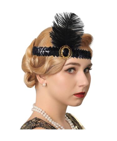 Handcess 1920s Flapper Feather Headband Black Feather Crystal Headband Women's Vintage Flapper Headpiece 20's Theme Cocktail Hair Accessories for Costume Prom Carnival Theme Party