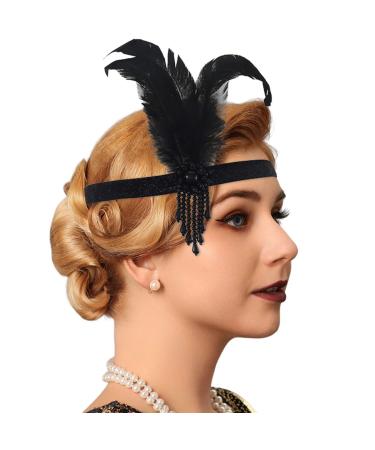 Handcess 1920s Flapper Feather Headband Black Feather Beaded Headband Women's Vintage Flapper Headpiece 20's Theme Cocktail Hair Accessories for Costume Prom Carnival Theme Party