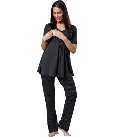 HAPPY MAMA Maternity Nursing Nightwear Set - Top, Pants & Robe 558p (Graphite Melange/Black) - Buy Online on SooperMarket.com