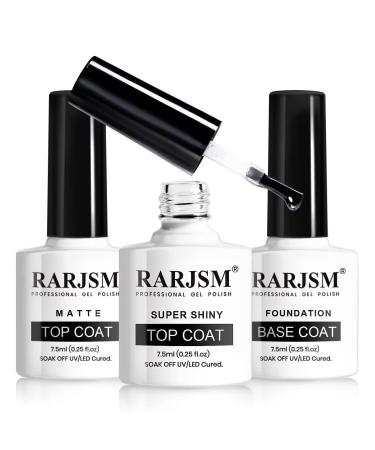 RARJSM Matte Gel Top Coat and Base Coat Glossy Shine Top Coat Gel Nail Polish 7.5ml 3PCS Set UV LED Curing Required Shiny Gel Polish Long Lasting Soak off Home DIY Salon Manicure Professional Use