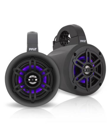 Pyle Waterproof Marine Wakeboard Tower Speakers - 4 Inch Dual Subwoofer Speaker Set w/ 300 Max Power Output - Boat Audio System w/Built-in LED Lights - Mounting Clamps Included PLMRLEWB46B (Black) LED Black