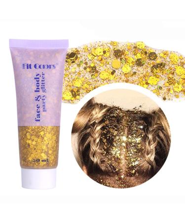 Yeweian Gold Body Glitter, Face Glitter Gel, Mermaid Sequins Lip Eye Nails Hair Body Glitter Makeup, Liquid Holographic Chunky Glitter Festival Rave Accessories, Body Glitter Gel for Women,50g 02Gold