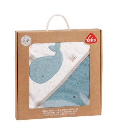Fehn Baby Whale Bath Towel & Washing Glove Set - Organic Cotton Hooded Towel for Babies & Toddlers 0+ Months - Cute Whale Design Poncho - Buy Online on SooperMarket.com