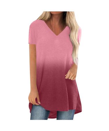 ABABC Women's Tops for Leggings,Dressy Casual Ombre Print V-Neck T Shirts That Hide Belly Fat Loose Flowy Tunic Blouses Medium Pink