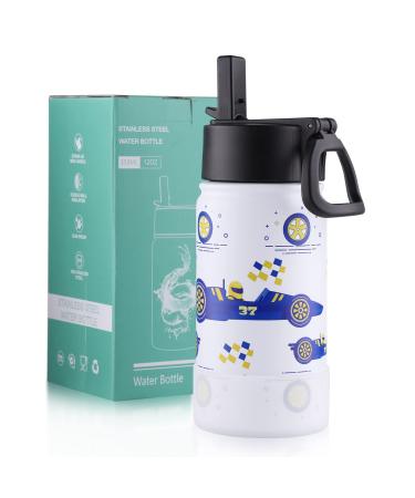 Kids Water Bottle for School 12oz Stainless Steel Insulated  Double Wall Bottle BPA Free Tritan  Leak-Proof Keep Hot Cold School for Boys Girls Wedrink White Racing 12OZ