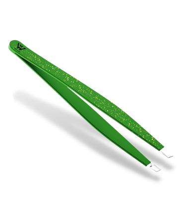 Wamza Tweezers for Facial Hair Women & Men- Pack of 1 -Slanted Eyebrow Tweezers Professional- Stainless Steel Precision Eyebrow Hair Pluckers/Tweezers for Women - for Chin & Fine Hair (Green Glitter)