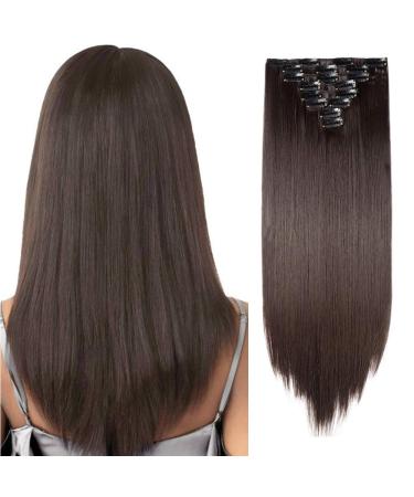 Silk-co 23" 8PCS Hairpiece Clip in Hair Extensions Dark Brown 100% Synthetic Hair Piece Long Straight for Full Head 23 Inch Straight #Dark Brown
