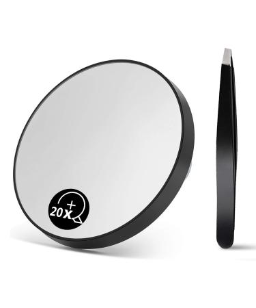 OMIRO 20X Magnifying Mirror Travel Size Suction Magnifier Mirror for Makeup & Bathroom Shaving (8.8cm Black with Tweezer)