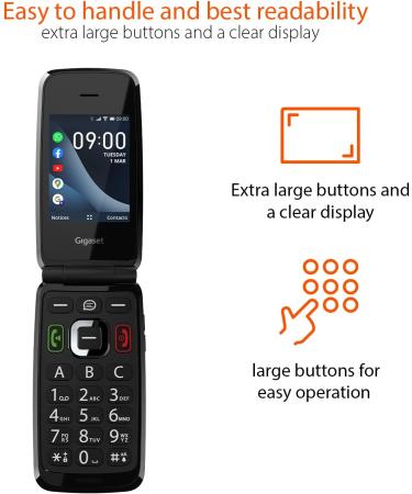 Gigaset GL7: Internet-Ready Mobile Phone with SOS Function, Large Buttons, WLAN, Bluetooth Hearing Aid Compatible, WhatsApp Button, Foldable Design - Black - Buy Online on SooperMarket.com