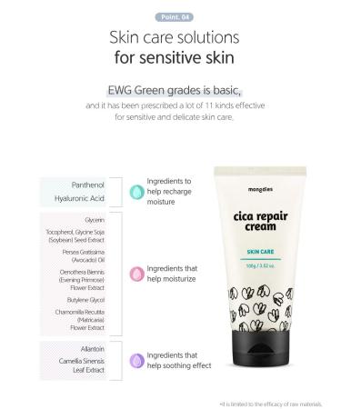 Mongdies Cica Repair Cream - Moisturizing & Hydrating Solution for Sensitive Skin | EWG Green Level German Derma-Tested | 100g - Buy Online on SooperMarket.com