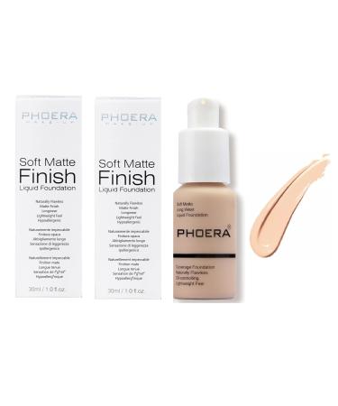 Phooera Fulll Coverage Liquid foundation Matte Finish Concealer Long wear 24hrs Oil Controlling Naturally Flawless Lightweigt Feel Buildable Fond de teint (2 X 102)