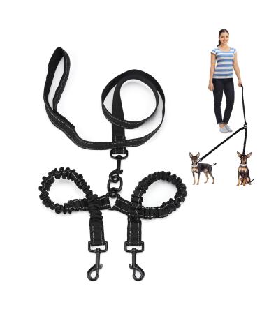 olyee Double Ended Lead for Dogs Double Dog Lead Coupler for Walking 2 Medium Dogs no Tangle Frenchie Harness with Safety Clip Reflective Shock Absorbing Bungeefor Small Large Boy and Girl Dog