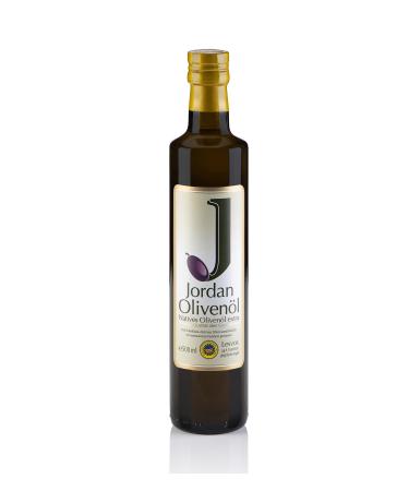 Jordan Olive Oil - Native olive oil specially from the Greek island of Lesbos - Traditional Handened - Cold Extraction on the day of harvest - Elegant narrow narrow bottle made of glass with output - 0.5 liters 500 ml (1 Pack)
