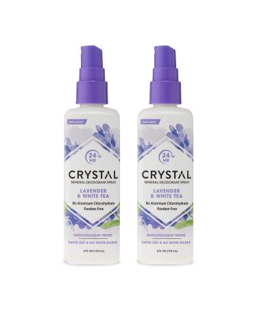 CRYSTAL Mineral Deodorant Spray- Body Deodorant With 24-Hour Odor Protection Lavender & White Tea Spray Non-Staining Aluminum Chloride & Paraben Free 4 FL OZ - Pack of 2