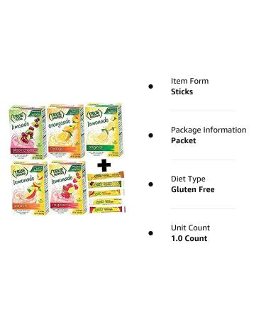 True Lemon Assorted Beverage Pack - 5 Boxes, 10ct Each with 5 Free Bonus Lemonade Sticks - Original, Peach, Black Cherry Limeade, Mango Orange, Raspberry Lemonade - 55 Count - Buy Online on SooperMarket.com