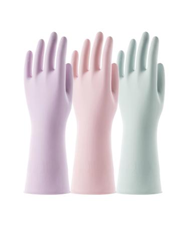 Cool job Reusable household gloves 3 pairs of fragrant rubber gloves with non -slip handle waterproof for kitchen rinsing cleaning long arm size S S (3 pack) purple ros sage