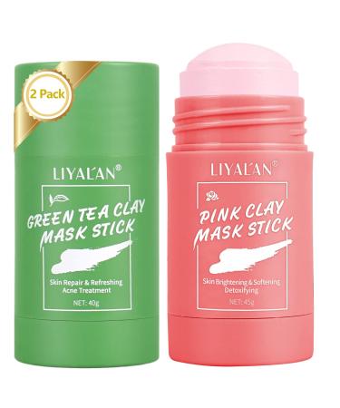 LIYALAN Green Tea Mask Stick and Rose Mask Stick(2 Pack) Deep Cleanse Blackhead Remover Skin Brightening Facial Mask Pore Cleansing GreenTea+Rose