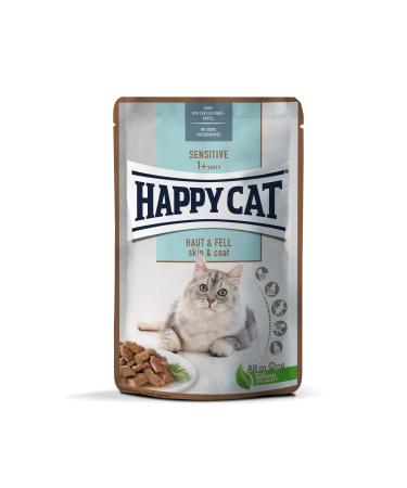 Happy Cat 70624 - Sensitive Meat in Sauch Haut & Fell Pouch - Wet food for sensitive cats and cats - 85g content skin & fur 85 g (1 Pack)