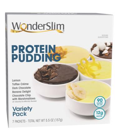 WonderSlim Protein Pudding Mix, Variety Pack - 6-7g Net Carbs, 80-90 Calories, 0.5-2g Fat, 12g Protein (7ct)