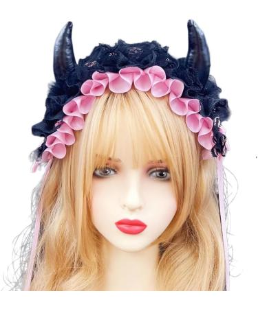 JSGHGDF Creative Spooky Devil Horn Shape Hairband Women Pleated Lace Makeup Skincare Headband for Halloween Photography Hairband Black - Buy Online on SooperMarket.com