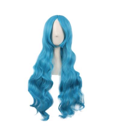 MapofBeauty 32 inch/80 cm Fashion Long Curly Hair Anime Costume Side Bangs Cosplay Wig (Cyan Blue)