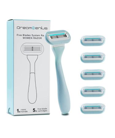 DreamGenius Razors for Women, Upgraded 5-Blade Womens Razors for Shaving Includes 1 Handles and 5 Refills, Razors with Lubrastrip for Women Sensitive Skin,Blue