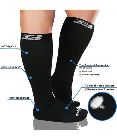 5XL Black Plus Size Compression Socks for Wide Calf Men & Women - 20-30 mmHg Breathable Knee High Support - Buy Online on SooperMarket.com