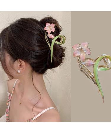 1Pcs Lily Flower Hair Claw Clips Large Metal Floral Hair Clips for Thick Hair and Thin Hair Non Slips Pink Flower Spring Design Hair Clamp Clips Hair Accessories for Women Girls Fashion Hair Ornament