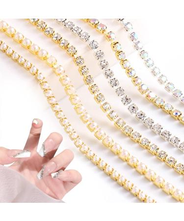 Nail Art Chains 6 Strips Gold Silver Rhinestone Pearl Metal Chains Nail Art Charms Punk Nail Decorations Nail Art Studs for Women Girls Manicure Design DIY Crafts