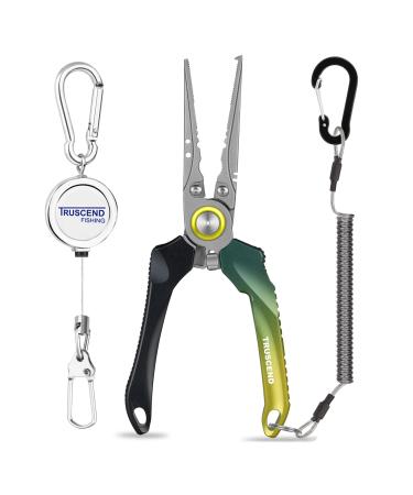 TRUSCEND Fishing Pliers Set with Fishing Zinger Retractor, Saltwater Resistant Teflon Coated Multi-Function Fishing Gear, Unique Hook Remover Split Ring Plier Fly Fishing Tools, Fishing Gifts for Men A-Alpine Green