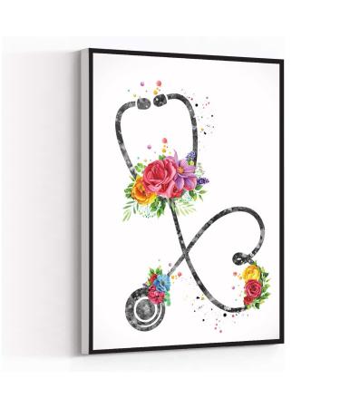 Stethoscope Floral Watercolor Print Medical Tools Wall Art Nurse Gift Medical Art Flovers Clinic Decor Gift Doctor Office Nurse Gift Canvas Wall Decor 8X12 Inch Framed Modern Canvas Wall Art