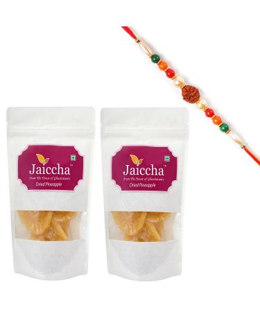 Jaiccha Ghasitaram Rakhi Gifts for Brothers Rakhi Dryfruits - Dried Pineapple 400 GMS in White Paper Pouch with Rudraksh Rakhi