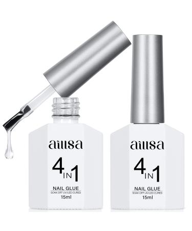 AILLSA 2PCS Gel Nail Glue for Acrylic Nails, 4 in 1 Super Strong Nail Gel Glue for False Nail Tips UV Curing Needed, 15ml High Capacity Gel Extension Brush On Nail Glue for Rhinestone Pearl Foil