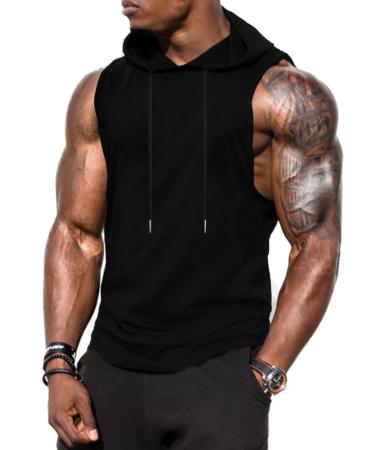 Babioboa Men's Tank Top Workout Sleeveless Hoodie Sport Fitness Muscle Shirt Gym Hoodie without Pockets Black L