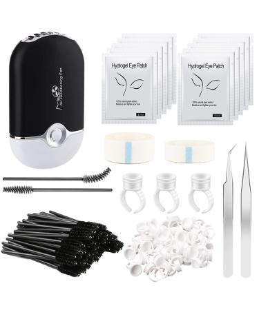 Lash Extension Supplies Eyelash Extension kit,1 Eyelash Fan Dryer,2 Eyelash Extension Tweezers,50 Glue rings,10 Pairs Eyelash Pads,100 Disposable Eyelash Brush,2 Lash Tape for Eyelash Extensions Black