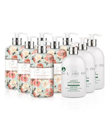 Baylis & Harding Hand Wash Bundle: 6 x 500 ml Royale Garden Limited Peach Peony & Jasmine & 3 x 500 ml Anti-Bacterial Jasmine & Apple Blossom (9 bottles) - Vegan Friendly Hand Wash Bundle 1