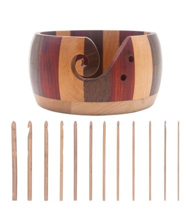 LAMXD Wooden Yarn Bowl Holder Rosewood with 12 pcs Bamboo Handle Crochet Hook,Wool Storage Handmade Crochet Kit Organizer,Skein Storage Bowl - Knitting & Crochet Yarn Storage Bowls & Accessories 15 cm Multi Colours